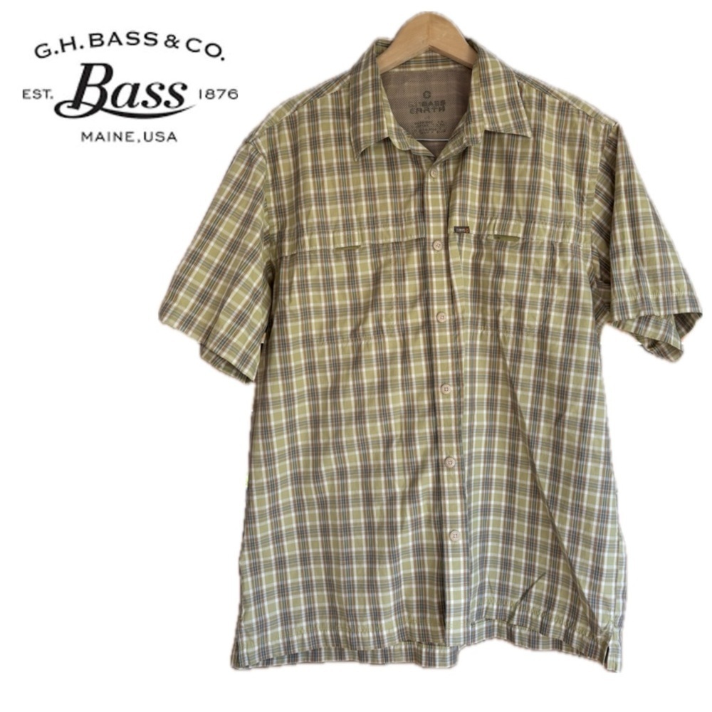 GH Bass Earth Men’s Light Green Plaid short sleeve Casual Button up top size LG